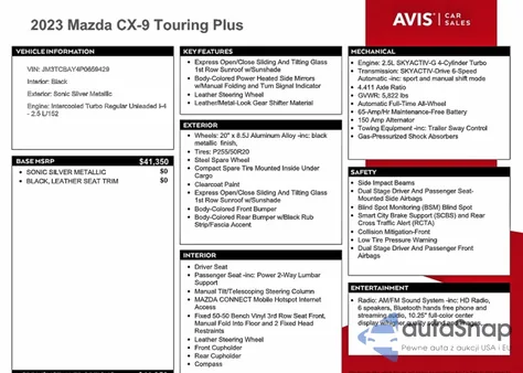 2023 Mazda Cx-9 Touring Plus z USA, uszkodzony, nr VIN JM3TCBAY4P0659429